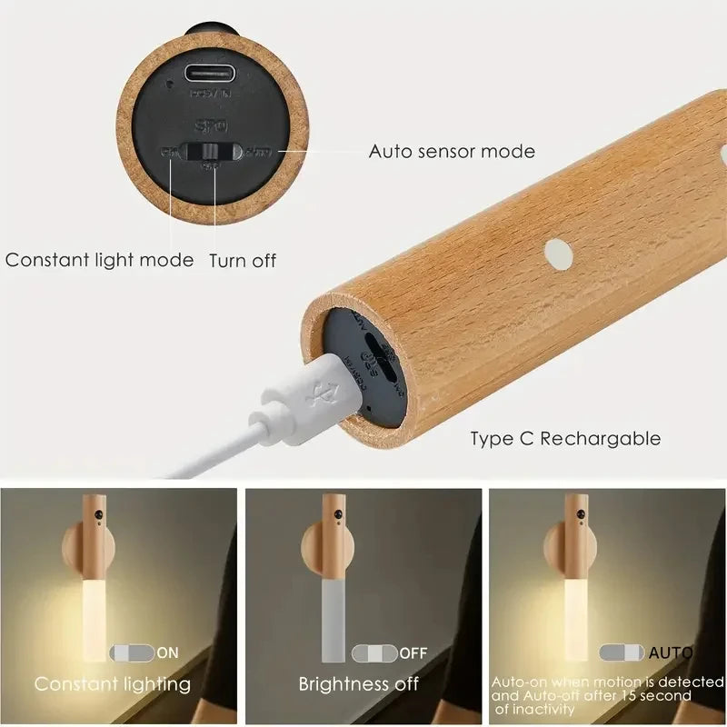 Magnetic Wooden Motion Sensor Light | Cordless LED Wall Sconce & Night Light | Rechargeable Smart Lighting