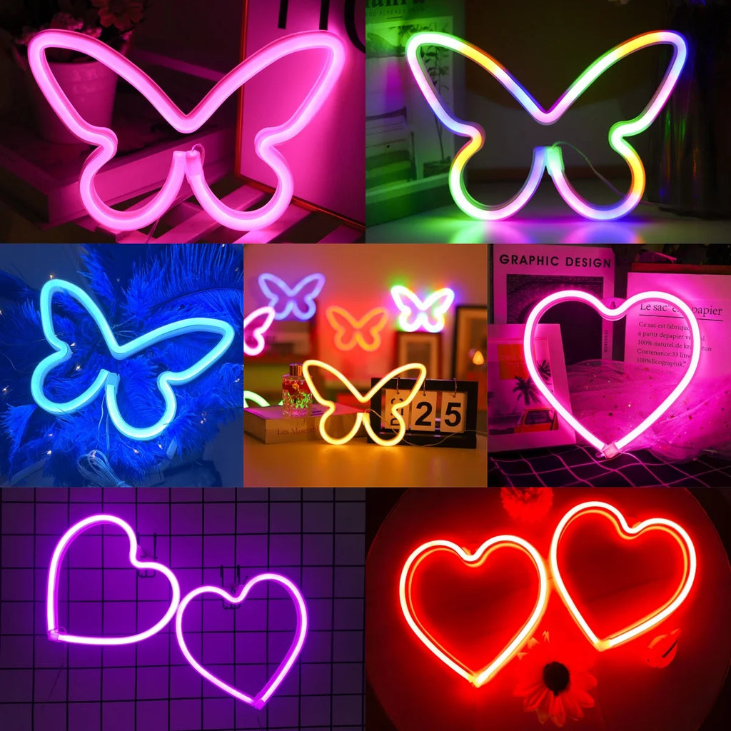 Aesthetic Butterfly & Heart LED Neon Sign | Dimmable Wall Decor for Bedroom, Parties & Gifts