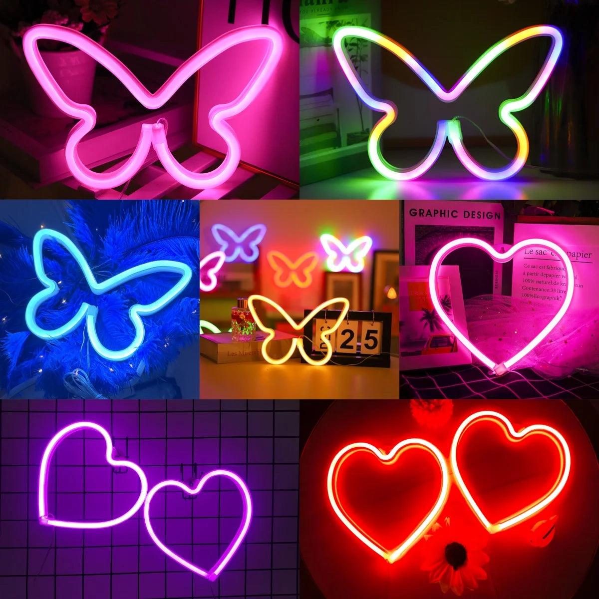 Aesthetic Butterfly & Heart LED Neon Sign | Dimmable Wall Decor for Bedroom, Parties & Gifts