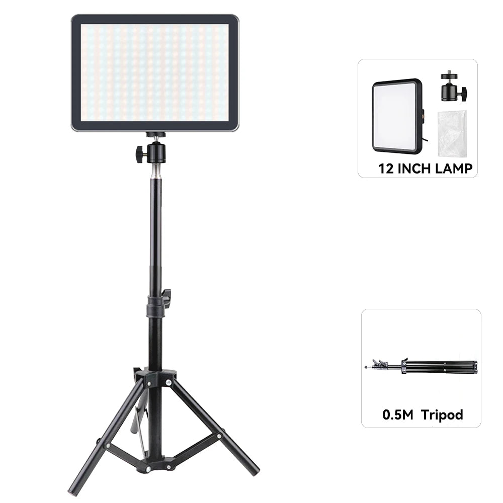 Dimmable LED Video Light Panel with Adjustable Tripod Stand | Portable Photography Fill Lighting