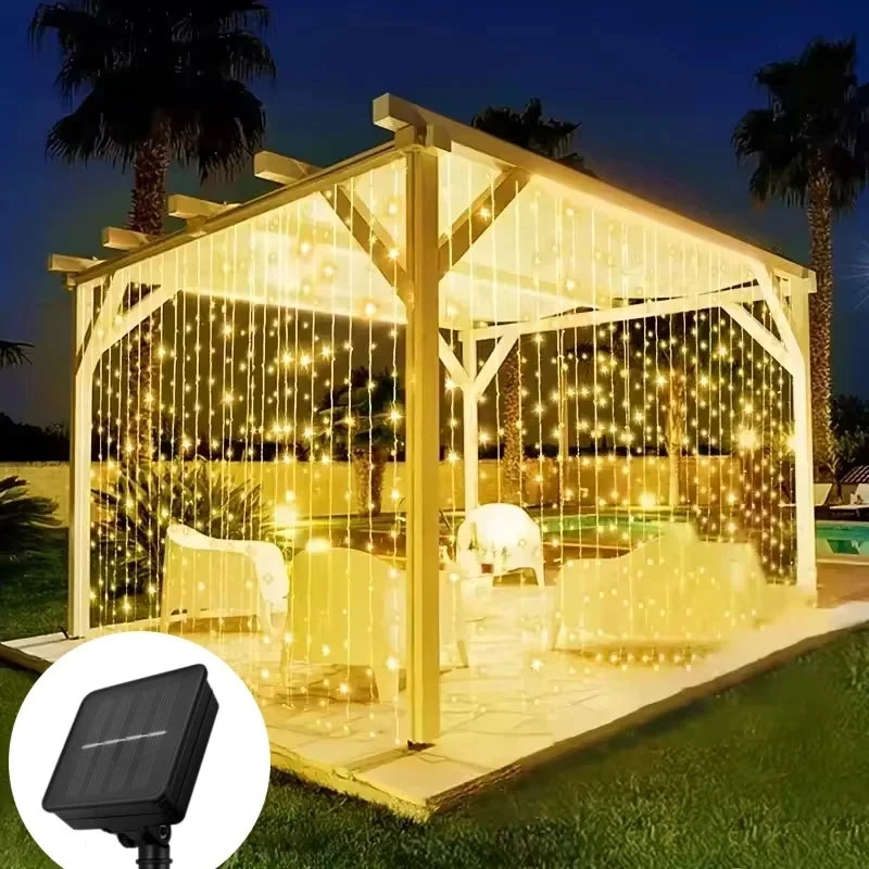 Solar Outdoor LED Curtain Lights – 8-Mode Waterproof Hanging Fairy Lights for Patio, Gazebo & Holiday Decor