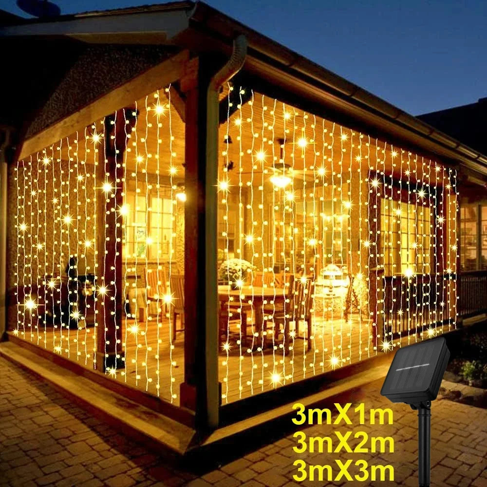 Solar Outdoor LED Curtain Lights – 8-Mode Waterproof Hanging Fairy Lights for Patio, Gazebo & Holiday Decor