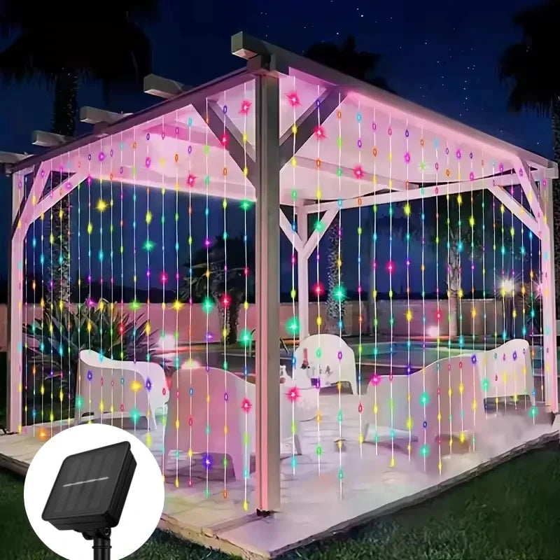Solar Outdoor LED Curtain Lights – 8-Mode Waterproof Hanging Fairy Lights for Patio, Gazebo & Holiday Decor