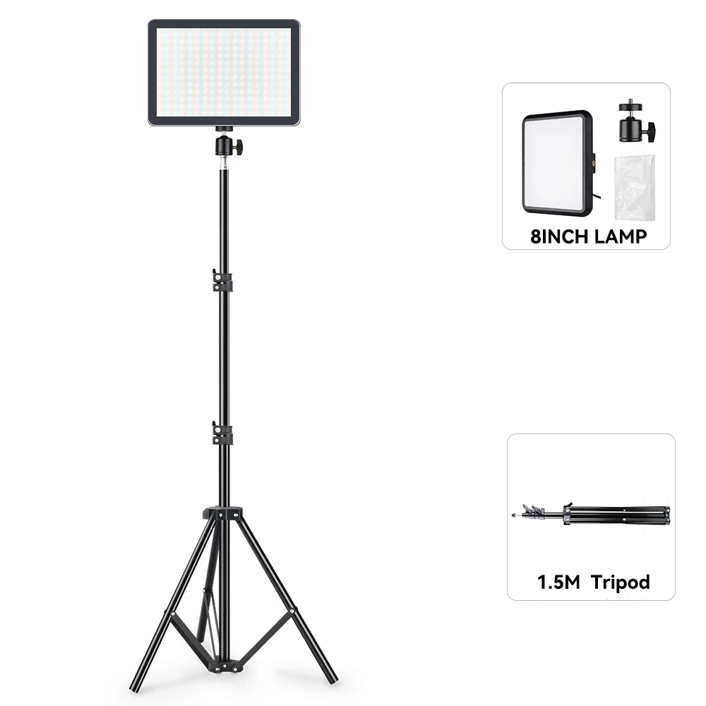 Dimmable LED Video Light Panel with Adjustable Tripod Stand | Portable Photography Fill Lighting