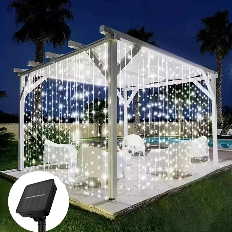 Solar Outdoor LED Curtain Lights – 8-Mode Waterproof Hanging Fairy Lights for Patio, Gazebo & Holiday Decor