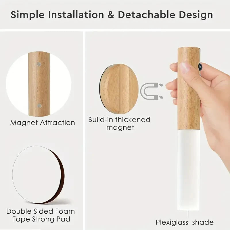 Magnetic Wooden Motion Sensor Light | Cordless LED Wall Sconce & Night Light | Rechargeable Smart Lighting