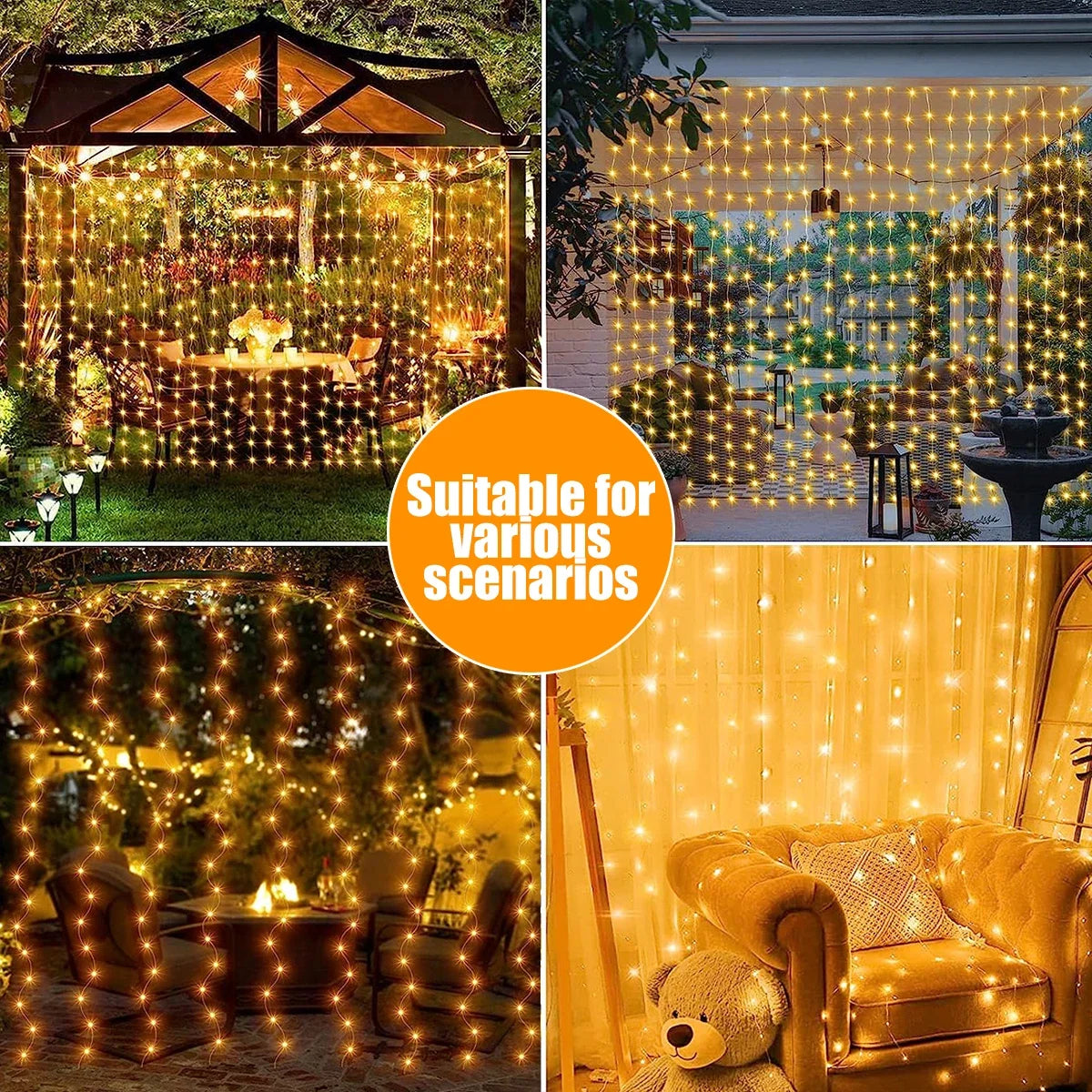 Solar Outdoor LED Curtain Lights – 8-Mode Waterproof Hanging Fairy Lights for Patio, Gazebo & Holiday Decor