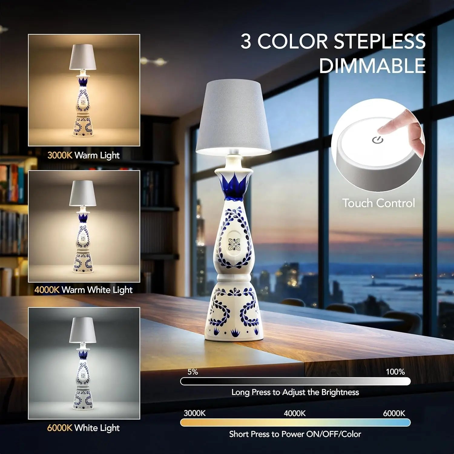 AuraFit Wireless Bottle Topper Lamp – Touch-Controlled LED Table Light with 3 Color Modes & Rechargeable Battery
