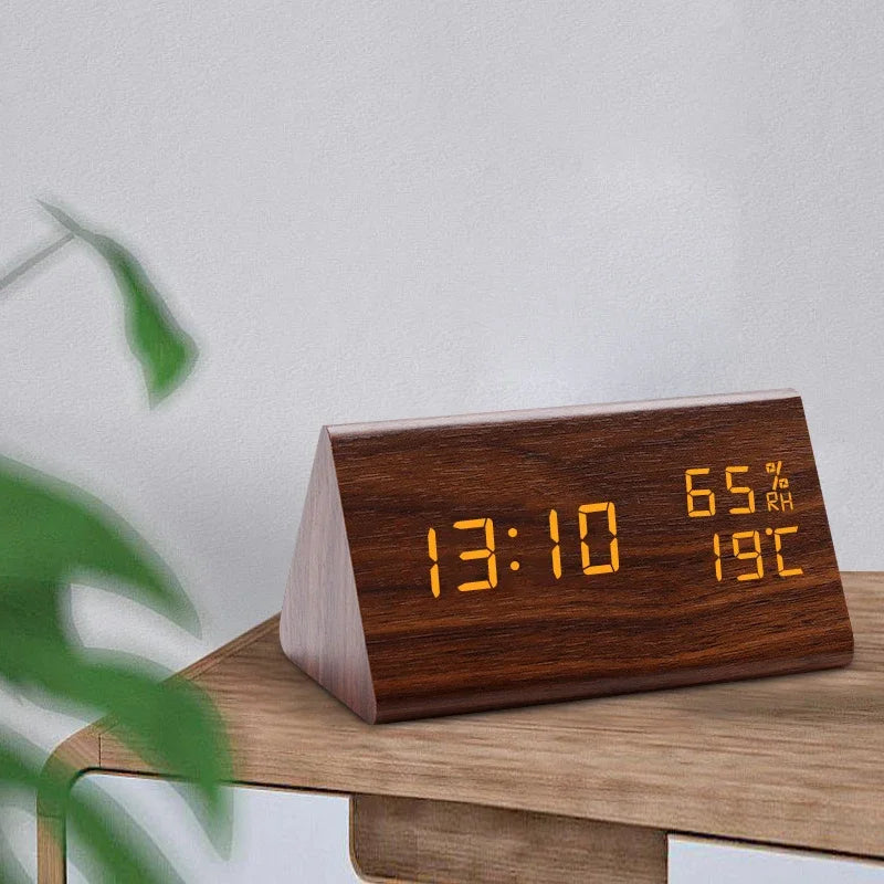 LED Wooden Digital Alarm Clock – Sound Control Desk Clock with USB Power