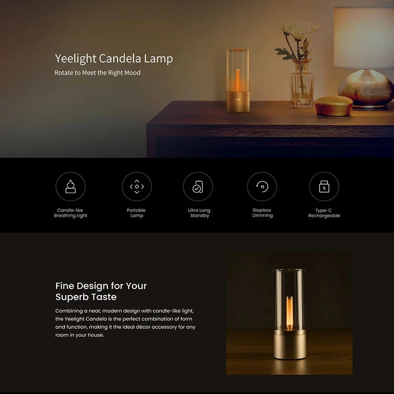 Yeelight Candela Rechargeable LED Ambiance Lamp – 1800K Warm Candlelight with Stepless Dimming