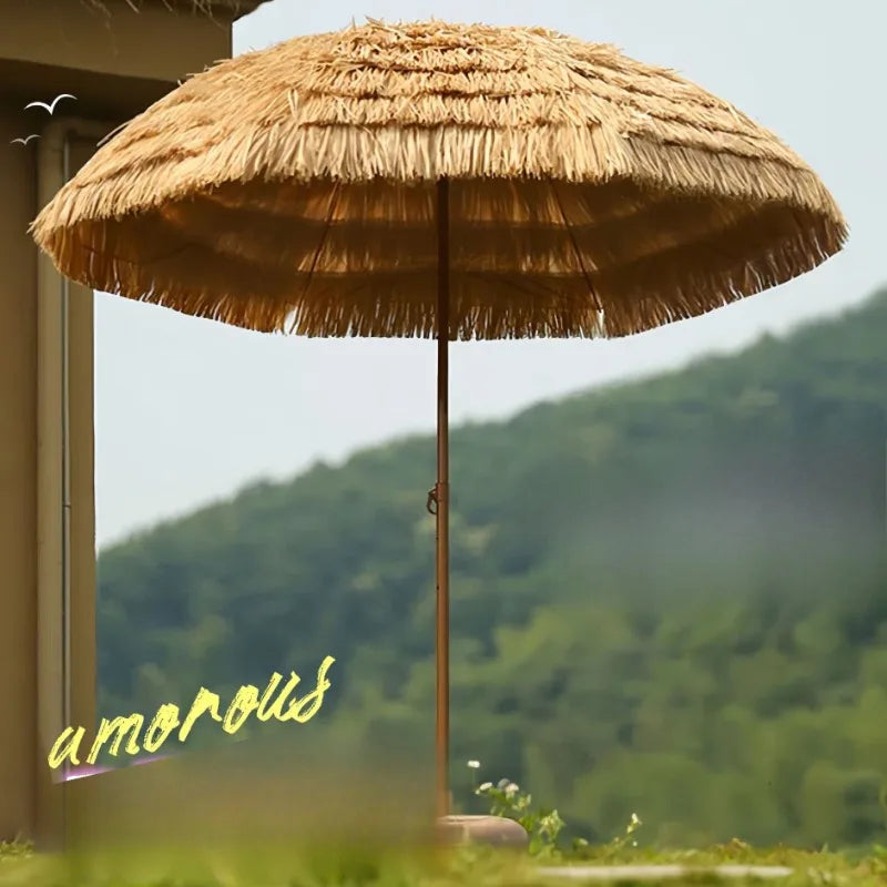 Tropical Thatched Beach Umbrella – Large Foldable Patio & Pool Sunshade