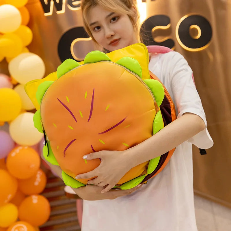 Plush Hamburger Backpack – Cartoon Burger School Bag with Large Capacity & Soft Plush Design