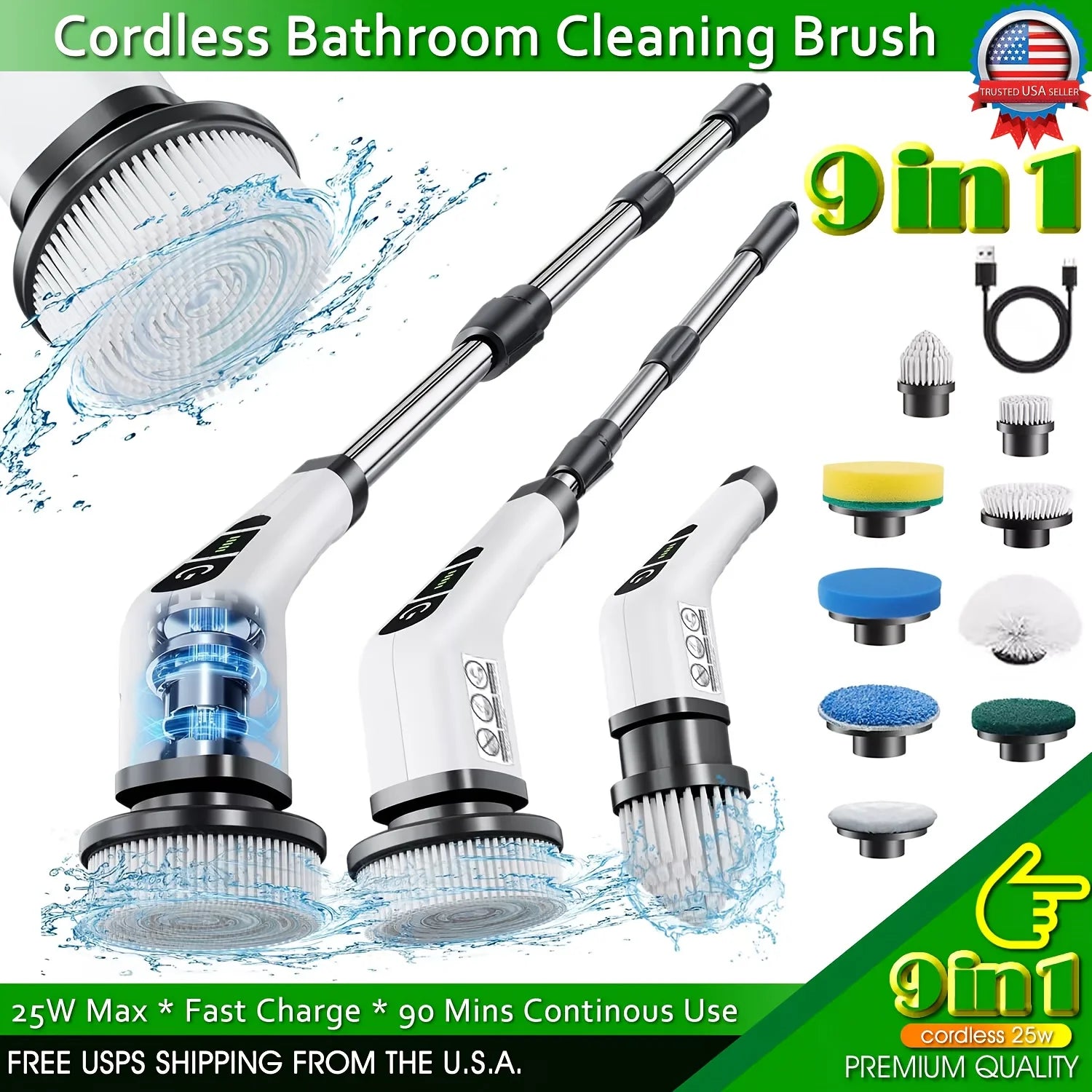 9-in-1 Electric Spin Cleaning Brush – Cordless Shower Scrubber with 9 Replaceable Heads & Adjustable Handle