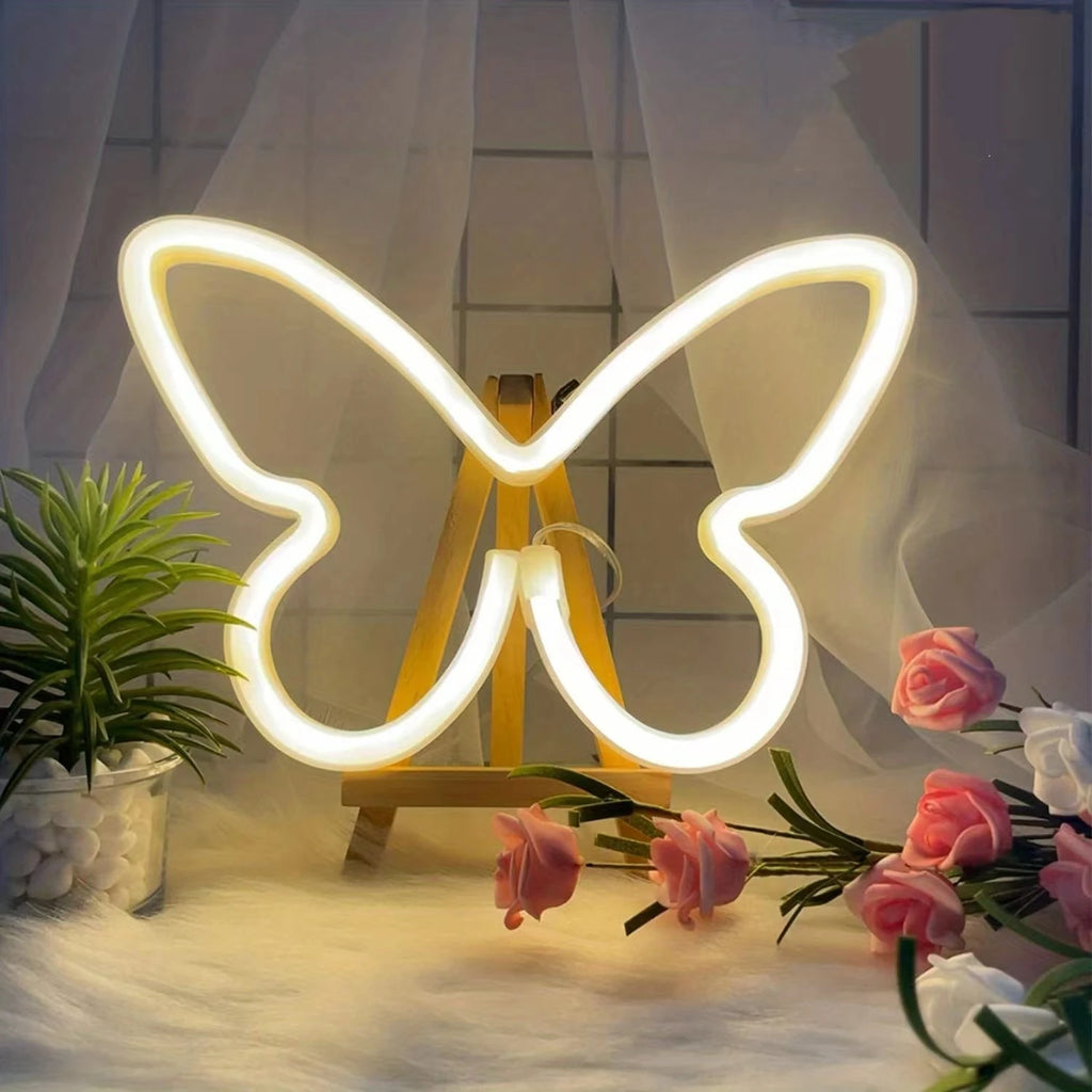 Aesthetic Butterfly & Heart LED Neon Sign | Dimmable Wall Decor for Bedroom, Parties & Gifts