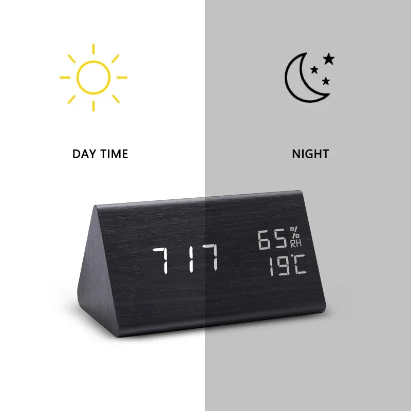 LED Wooden Digital Alarm Clock – Sound Control Desk Clock with USB Power