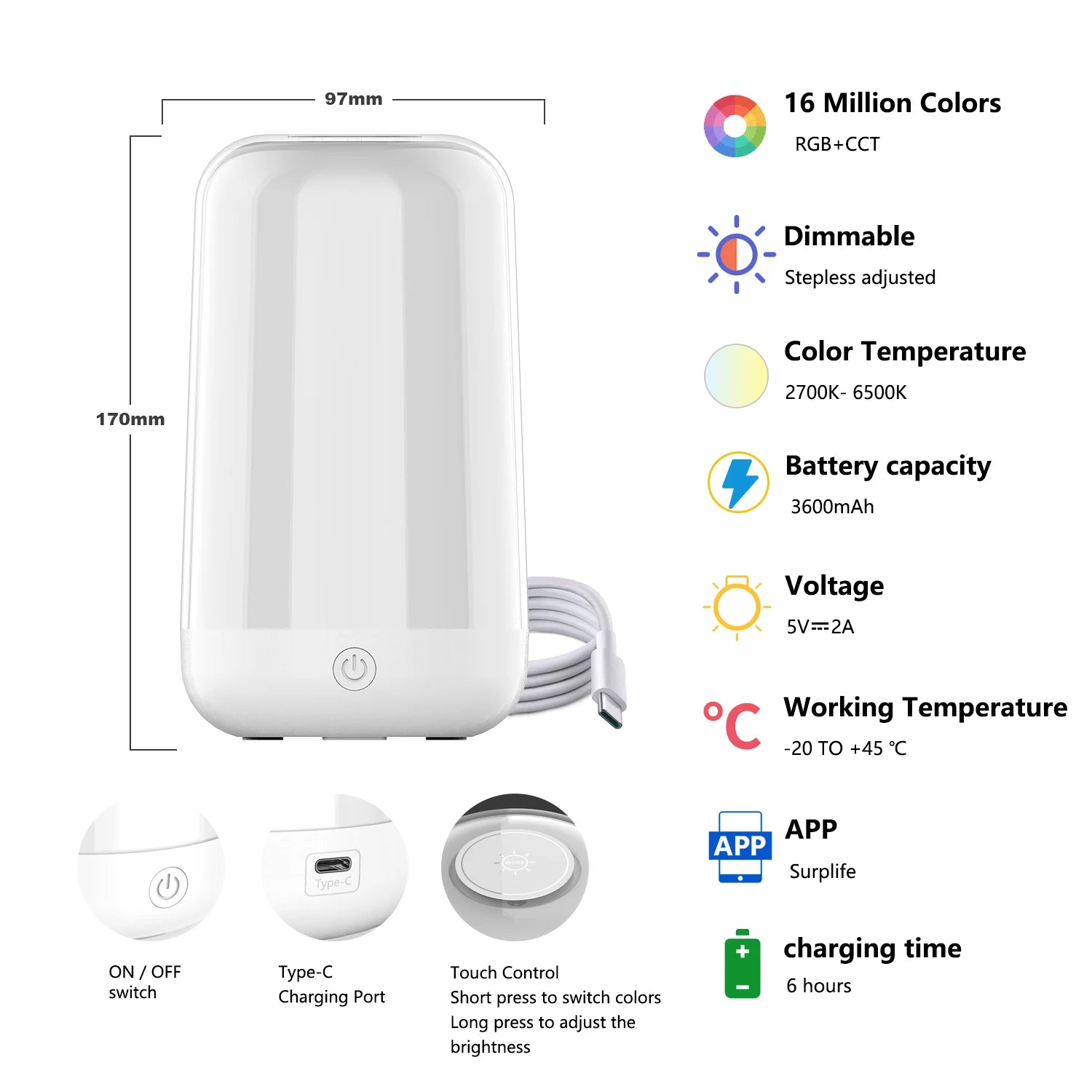 Smart Touch LED Bedside Lamp – Dimmable RGB Night Light with Bluetooth Connectivity & Rechargeable Battery