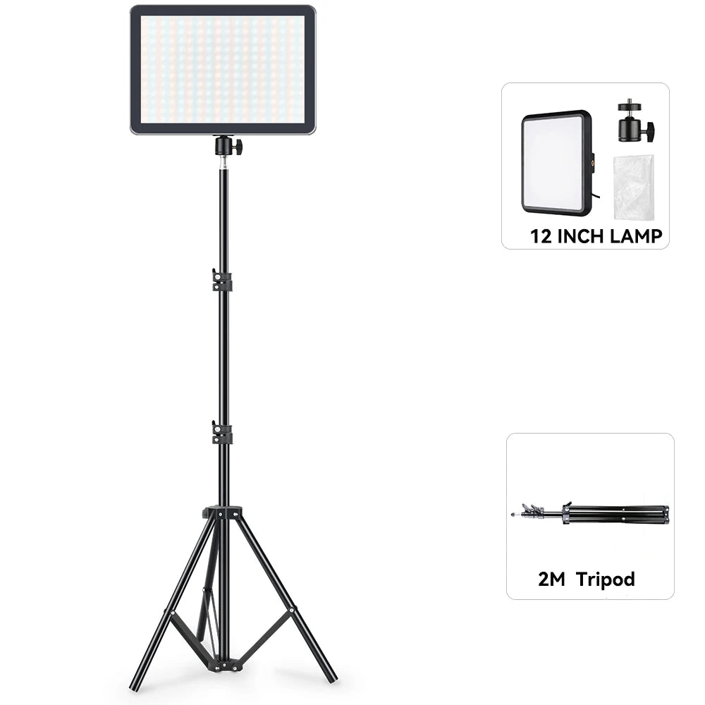 Dimmable LED Video Light Panel with Adjustable Tripod Stand | Portable Photography Fill Lighting