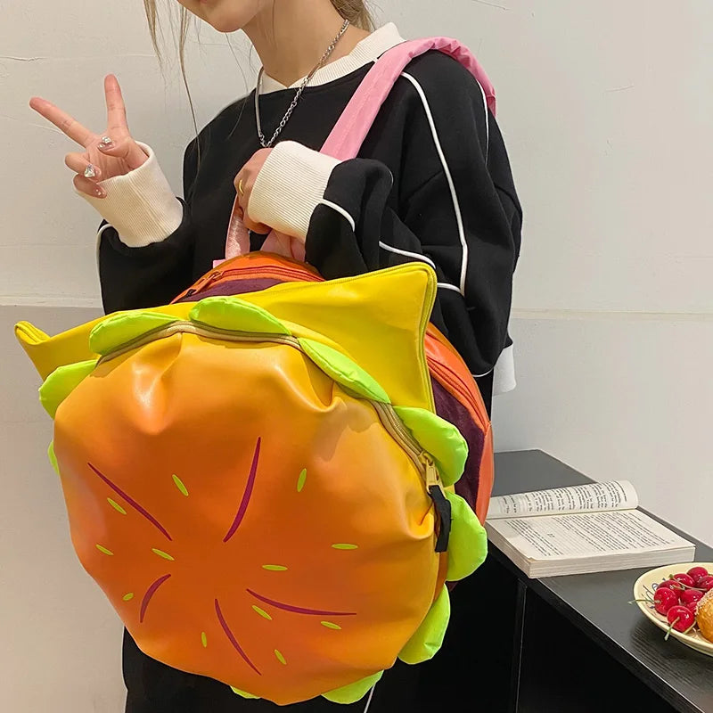Plush Hamburger Backpack – Cartoon Burger School Bag with Large Capacity & Soft Plush Design