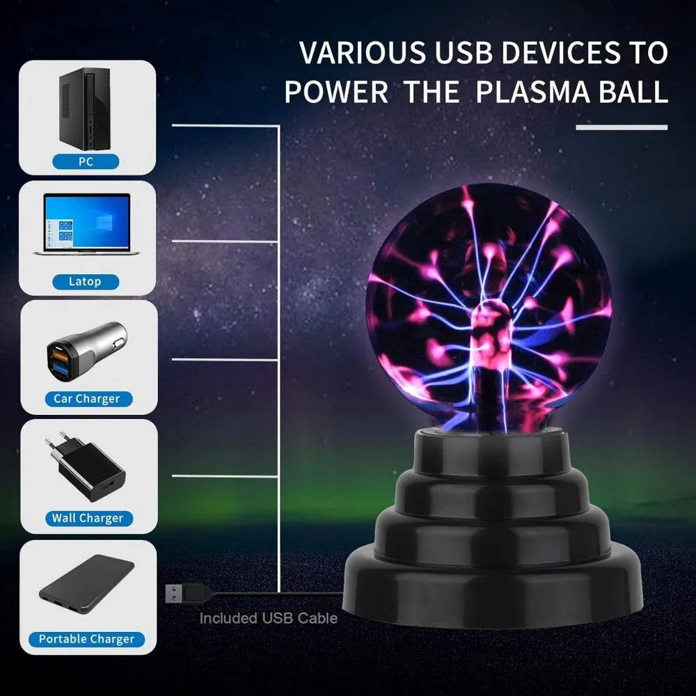 3" Touch Plasma Ball Lamp – Interactive LED Lightning Globe Night Light for Bedroom & Desk Decor