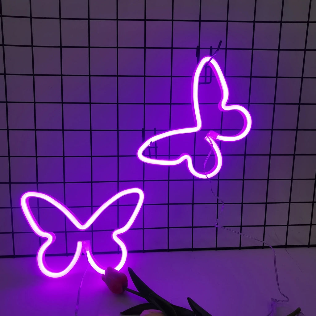 Aesthetic Butterfly & Heart LED Neon Sign | Dimmable Wall Decor for Bedroom, Parties & Gifts