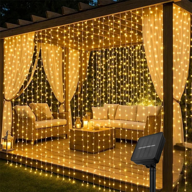 Solar Outdoor LED Curtain Lights – 8-Mode Waterproof Hanging Fairy Lights for Patio, Gazebo & Holiday Decor