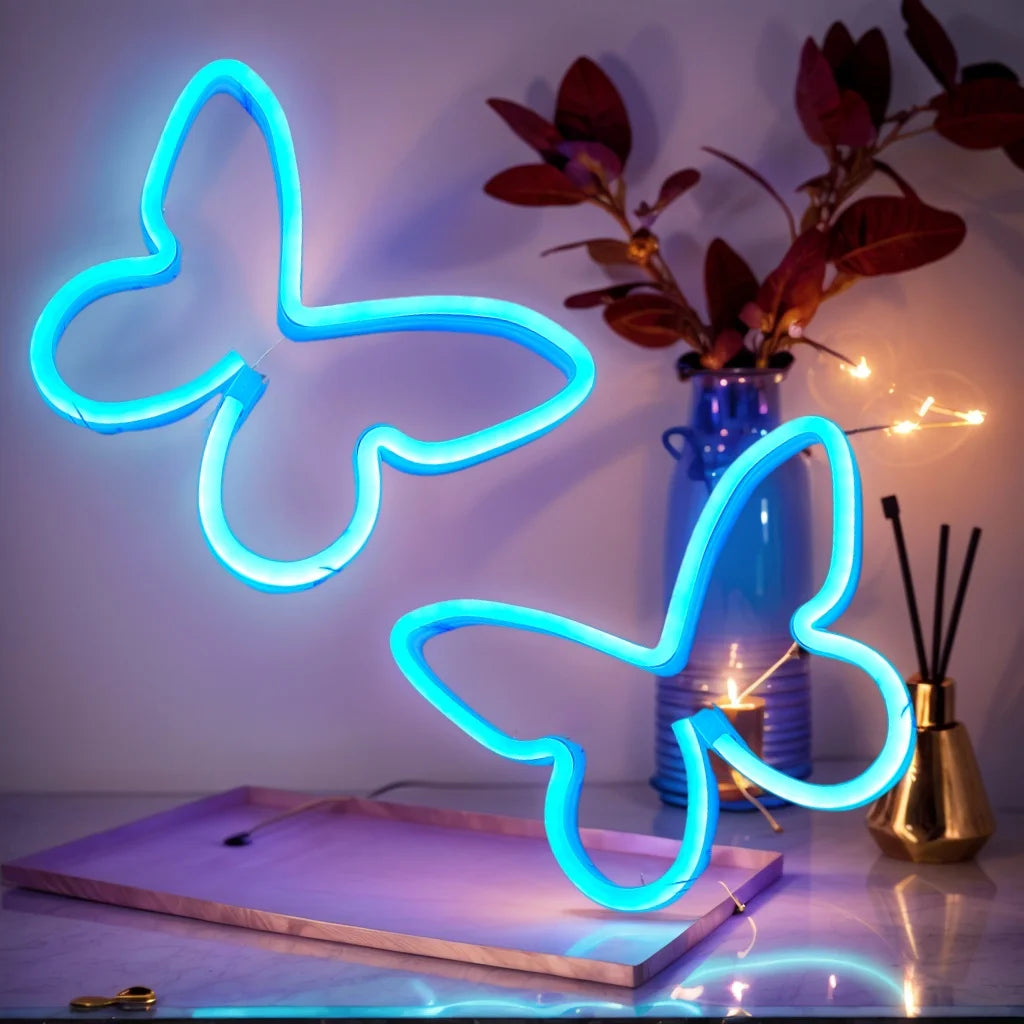 Aesthetic Butterfly & Heart LED Neon Sign | Dimmable Wall Decor for Bedroom, Parties & Gifts