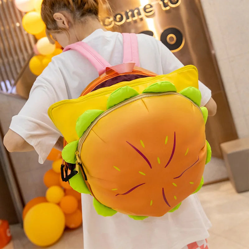 Plush Hamburger Backpack – Cartoon Burger School Bag with Large Capacity & Soft Plush Design