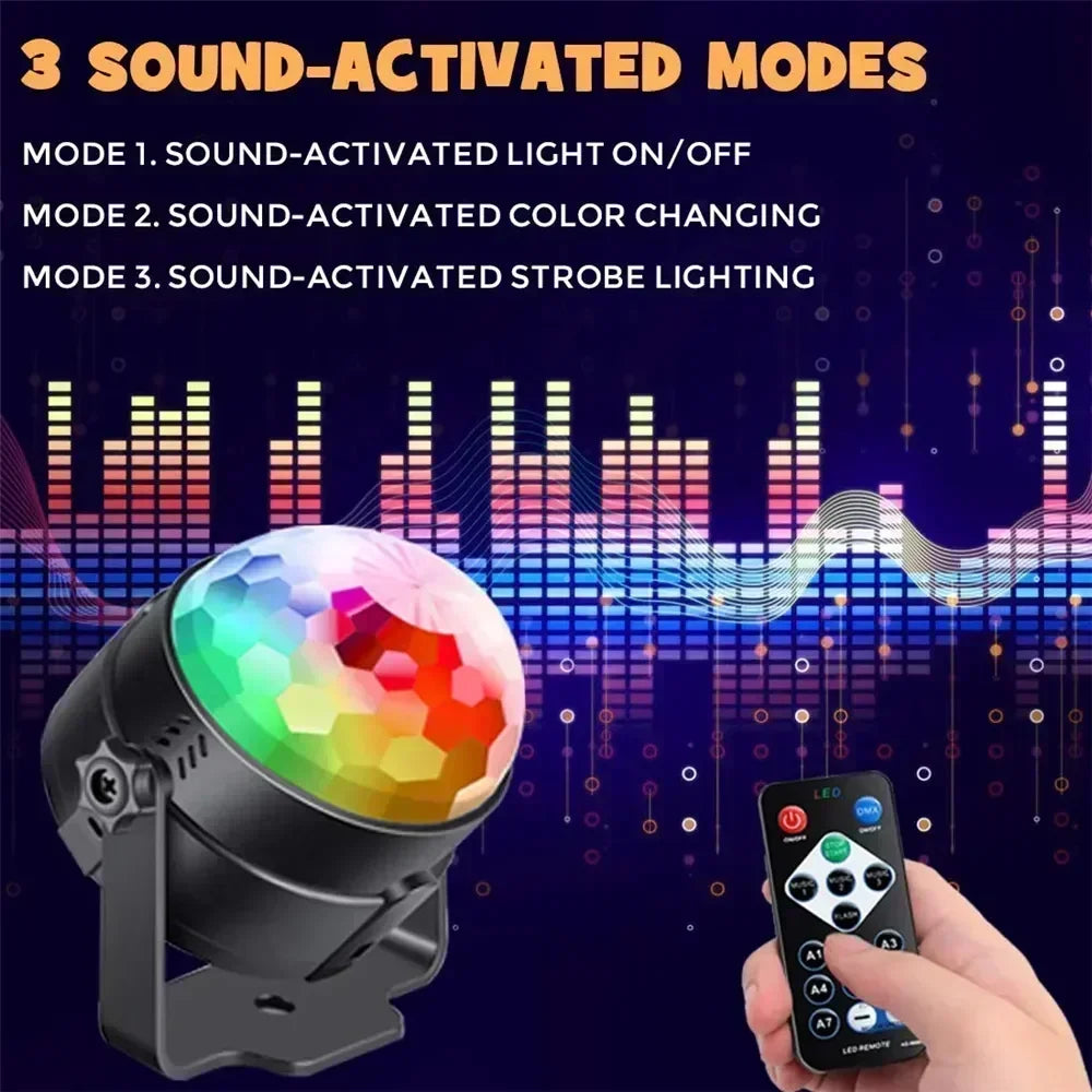 PulseGlow™ RGB LED Disco Party Light – Sound-Activated Rotating DJ Ball for Home, Club & Car