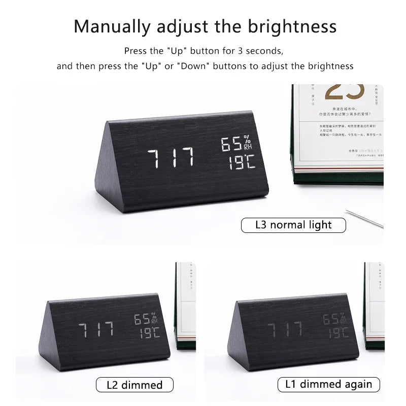 LED Wooden Digital Alarm Clock – Sound Control Desk Clock with USB Power