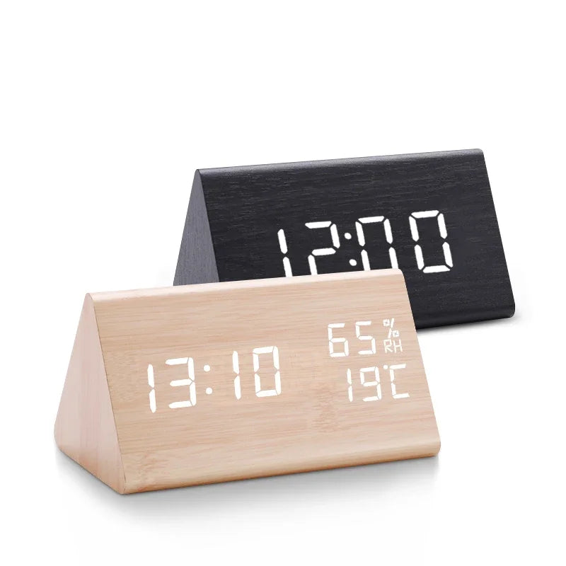 LED Wooden Digital Alarm Clock – Sound Control Desk Clock with USB Power